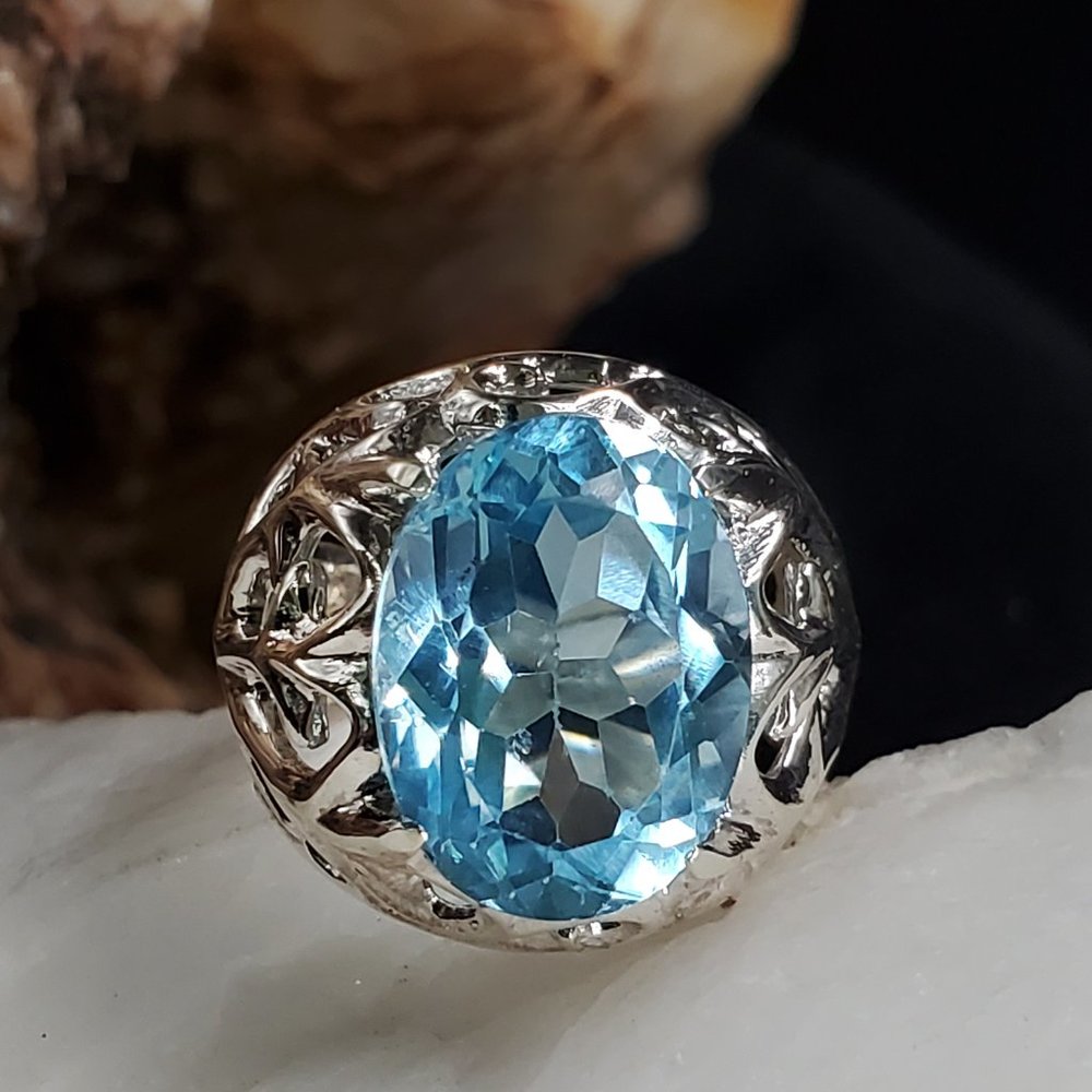Big Silver Ring 925 Sterling Large Genuine Blue Topaz Gemstone Gift for Lady